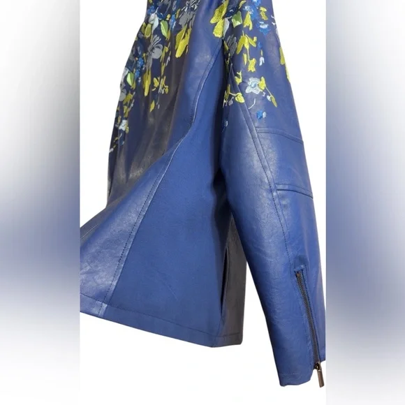 Colleen Lopez navy blue embroidered floral faux leather moto jacket Size XL - Picture 6 of 11